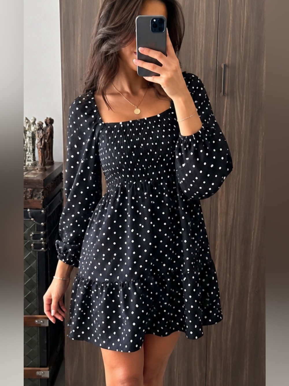 Very J Black Polka Dot Square-Neck Smocked Mini Dress